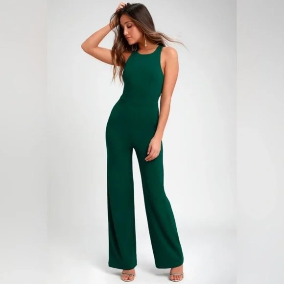Lulu's Night Out Forest Green Wide-Leg Cutout Jumpsuit Sz M - Picture 1 of 8